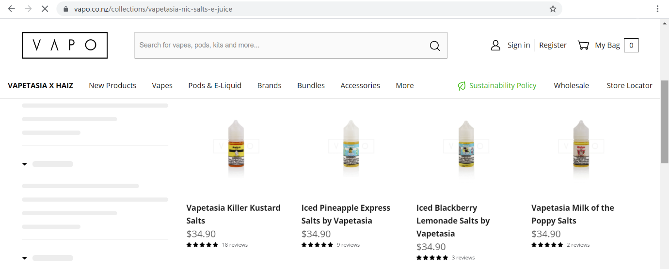 Figure 3 VAPO Vapetasia E-liquid selection on a NZ-based website