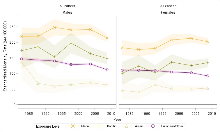 Standardised cancer mortality rates over time by sex and ethnicity