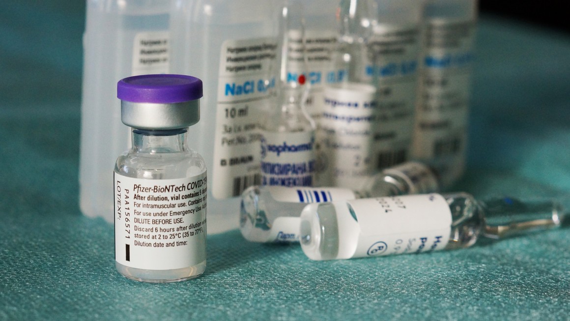 Covid vaccine containers with label Pfizer