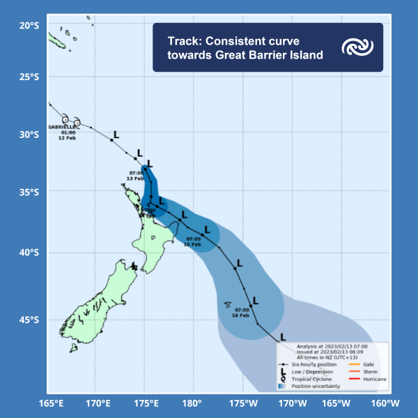 Map showing the track of cyclone Gabrielle across New Zealand