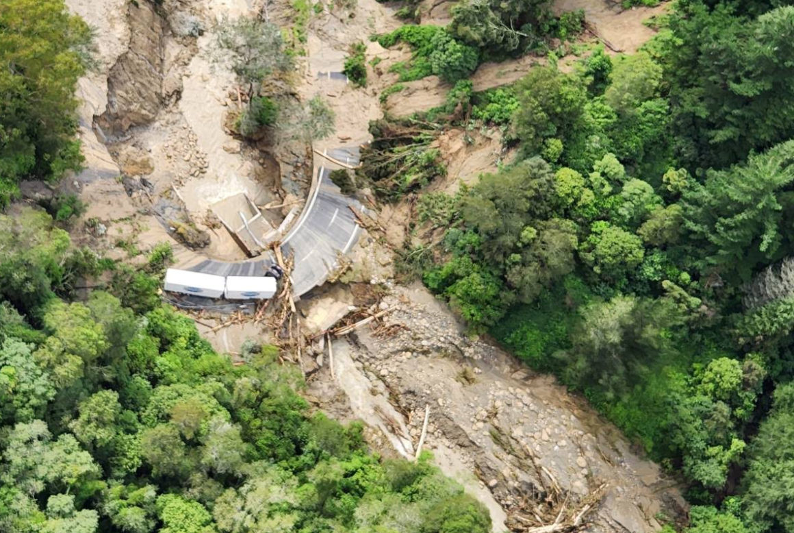 Aerial photograph of washed out Napier road