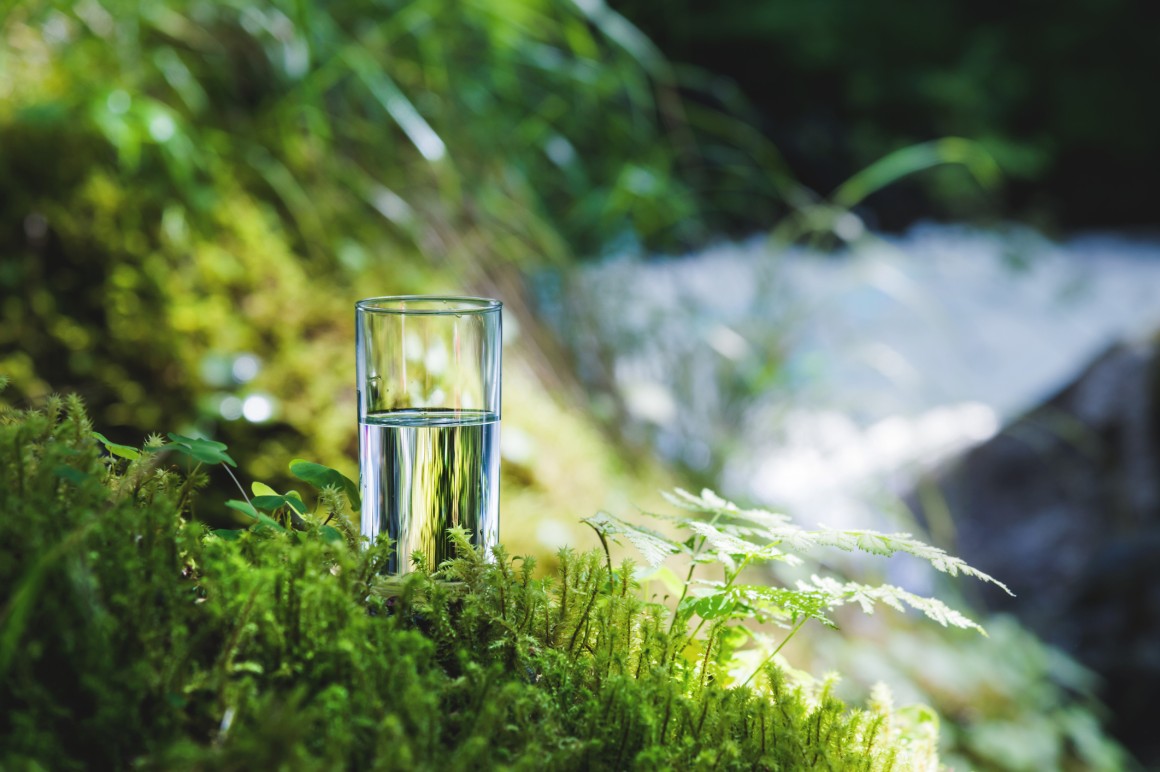 Glass of water by stream