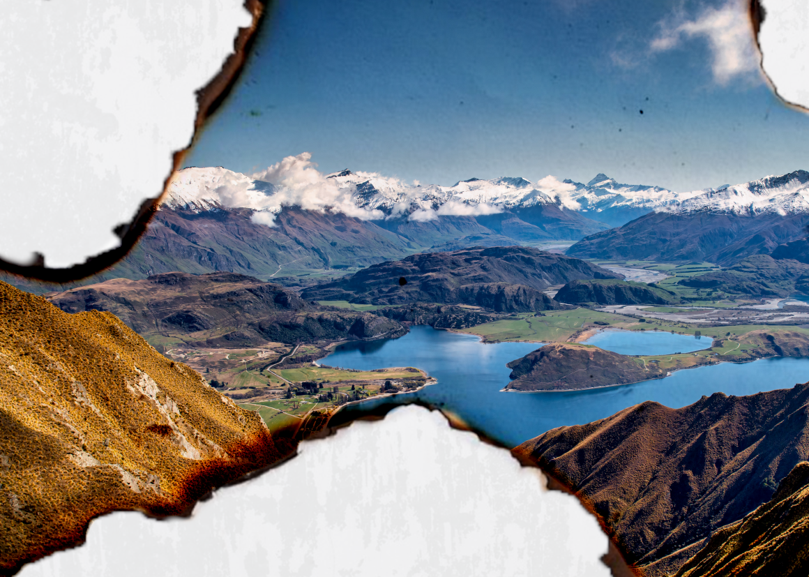 NZ mountains with burned effect superimposed
