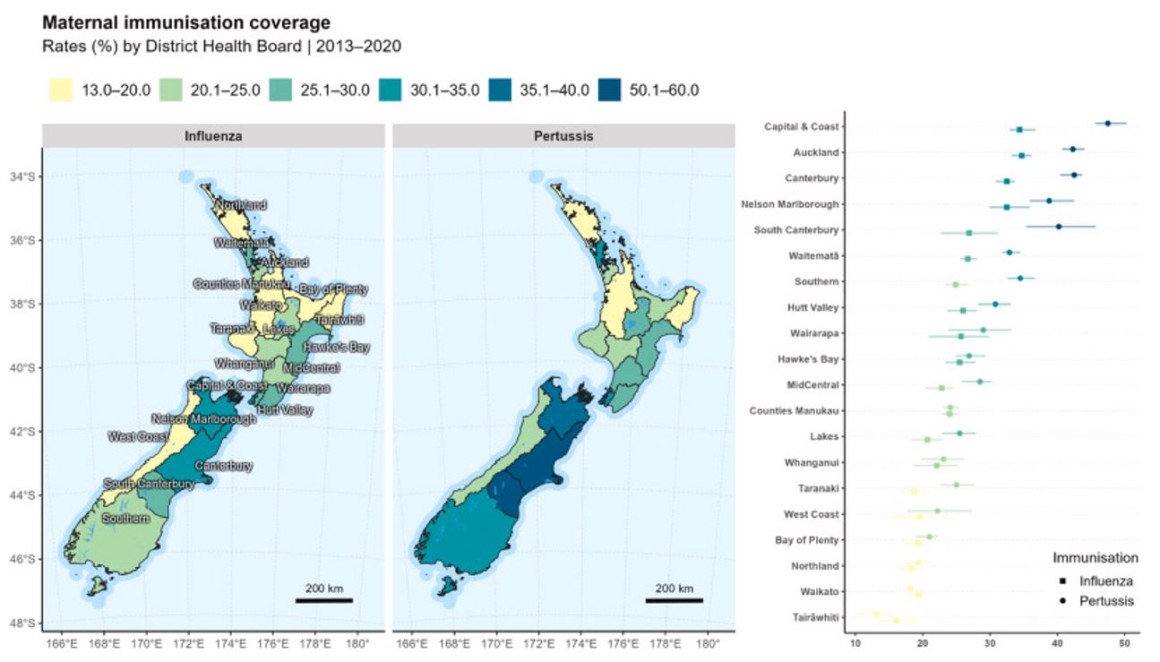 Colour coded maps of NZ and charts showing local immunisation rates in NZ
