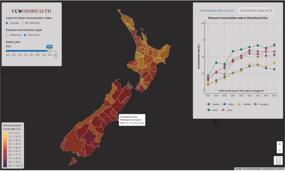 Screenshot of app showing colour-coded map of NZ