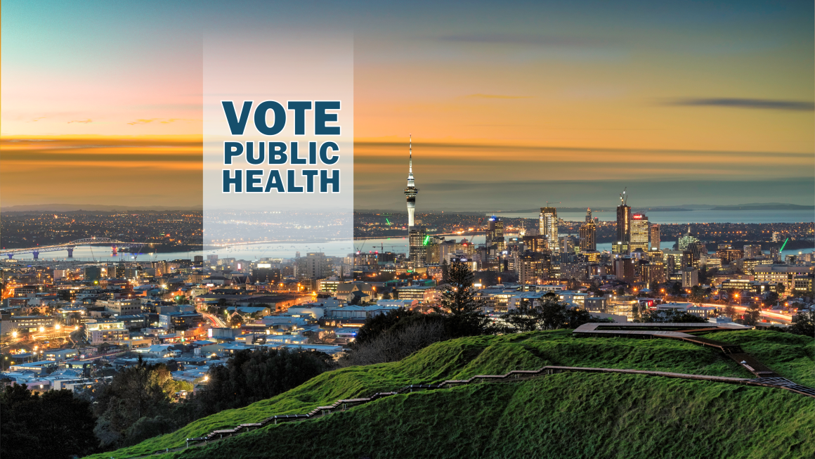 Auckland skyline with the words "vote public health' superimposed