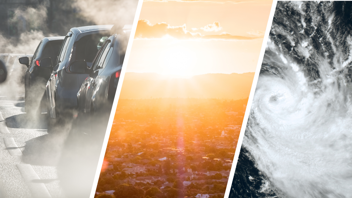 composite image showing aspects of climate change - sun over city, cars in traffic, satellite image of cyclone