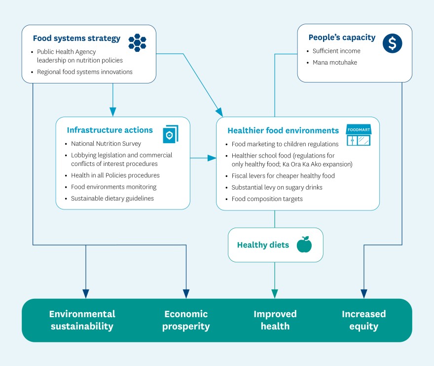 Diagram showing links between actions and outcomes