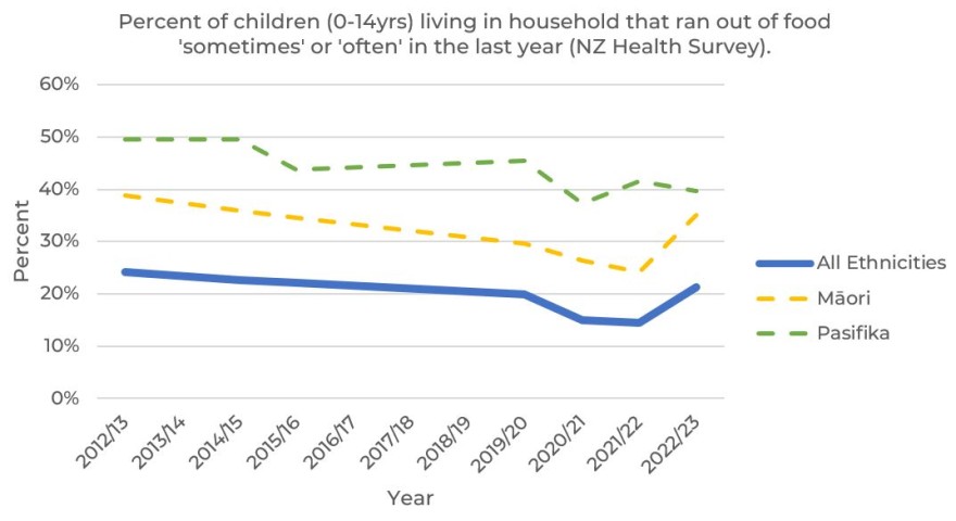 Line plot showing percentage of NZ youth experiencing food poverty