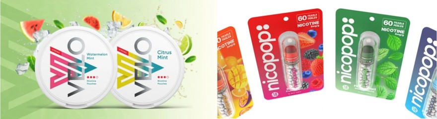 example of oral nicotine brands, brightly coloured packaging and logos