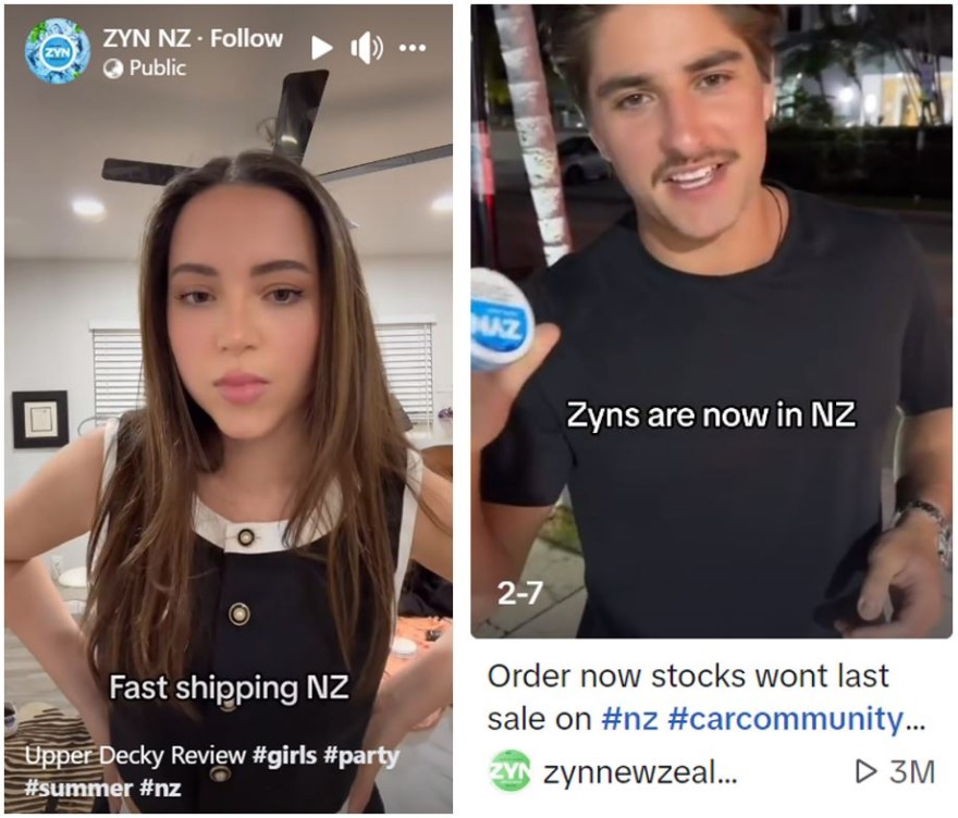 screenshots of Tiktok influencers promoting ZYN in New Zealand
