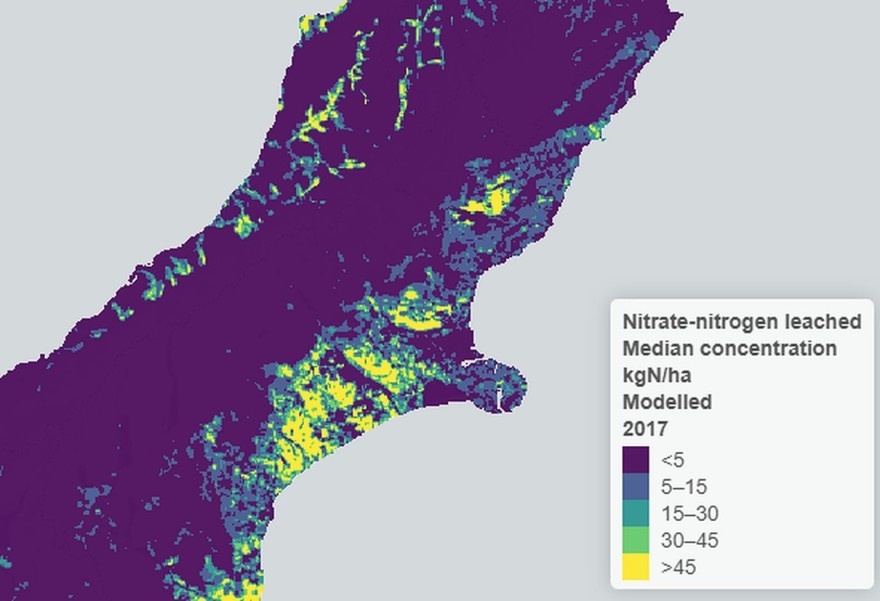 Map of the Canterbury region showing high levels of nitrate leaching on the Canterbury plains