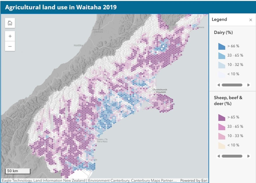Map of the Canterbury region showing high levels of dairy farming on the Canterbury plains
