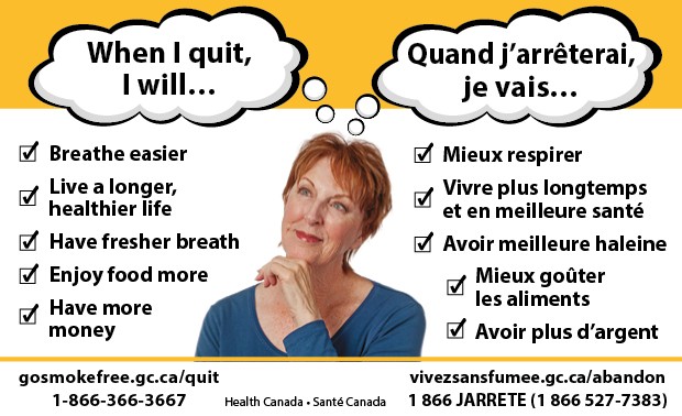 Canadian tobacco pack insert example featuring woman thinking when I quit I will - breathe easier" etc