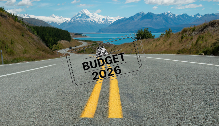 Budget 2026 stamped over road 