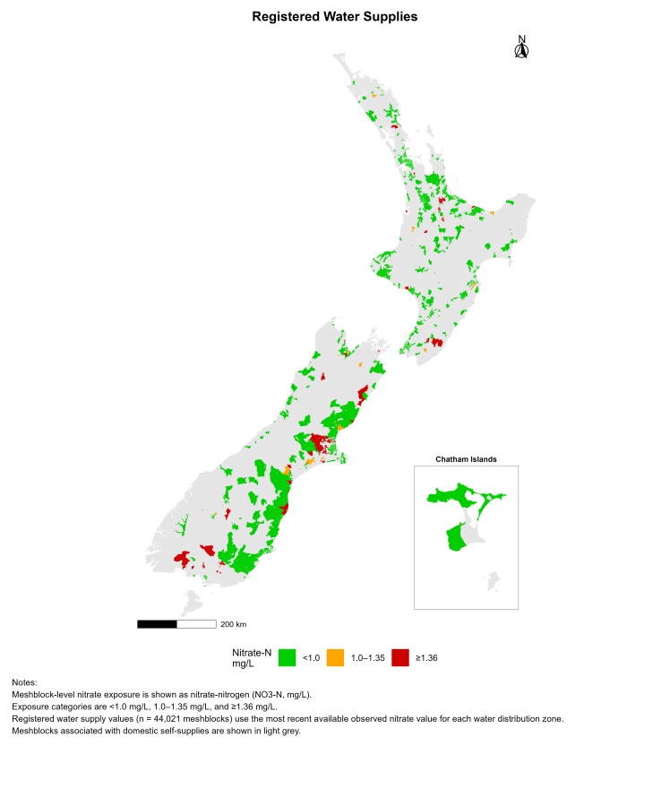 Measured nitrate levels in public registered supplies (data up to 2024), that exceed the Danish limit of 1.3 mg/L.