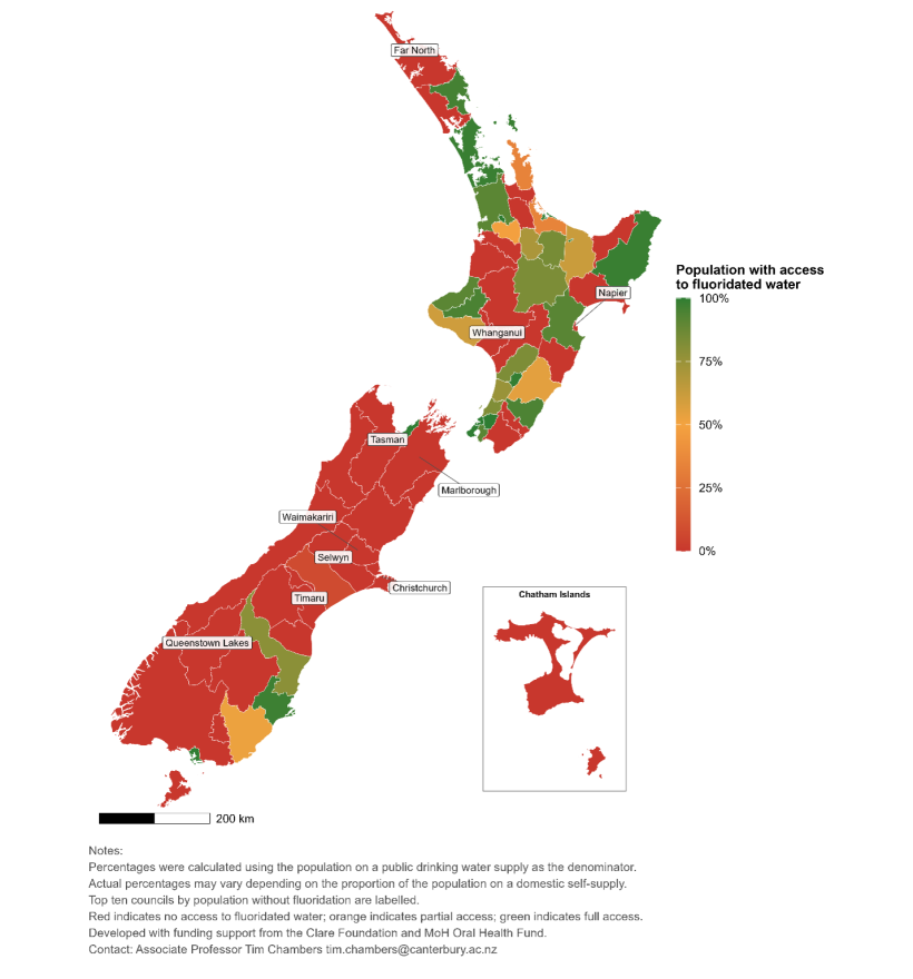 Map of NZ showing percentage of population with access to community fluoridation