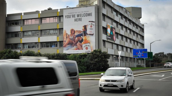Liquor billboard on building 