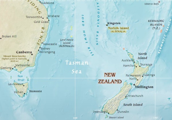 Map Tasman Sea dividing NZ and Australia