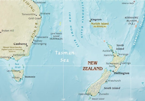 Map Tasman Sea dividing NZ and Australia