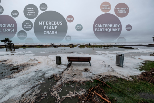 Image of Napier seafront post Cyclone Gabrielle, mass fatality infographic superimposed