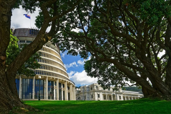 Phot of the Beehive government building, framed by trees
