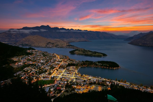 View of Queenstown township and lake at dusk 