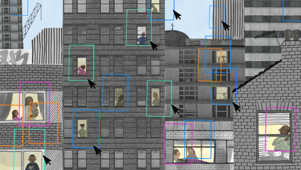 cartoon of people in a city building scape