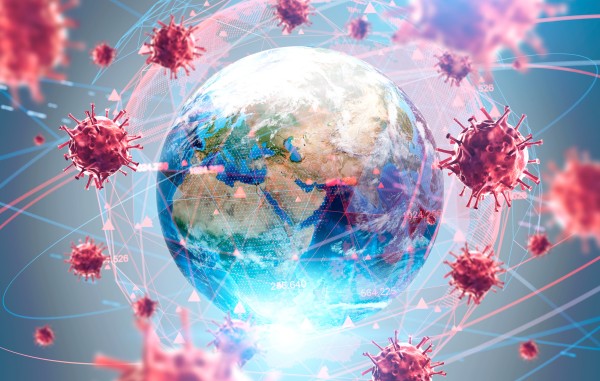 Image of earth surrounded by covid virus particles