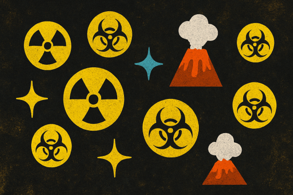 Nuclear, biohazard, sparkle (AI) and volcano emoji on textured background