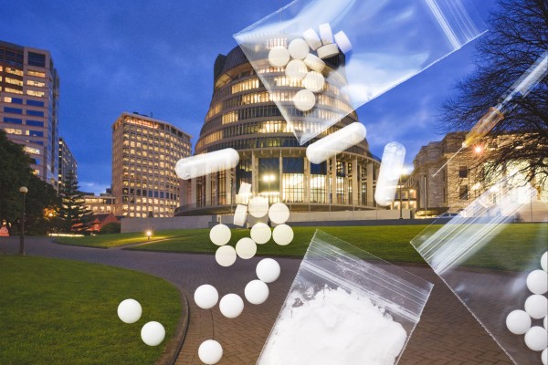 photo of pills and powder (illicit drugs) superimposed on photo of Beehive building, Wellington